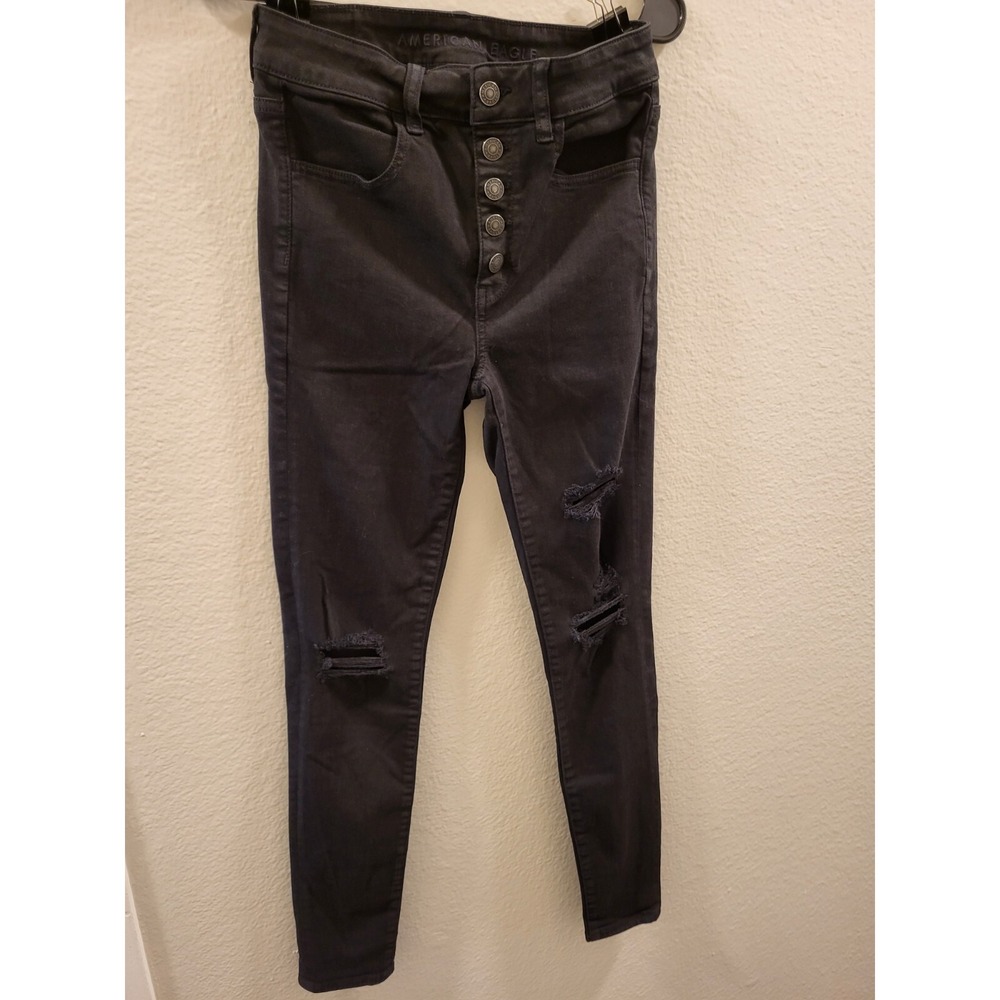 American Eagle Super Stretch High Rise Jegging Black Distressed Jeans Girls 2
